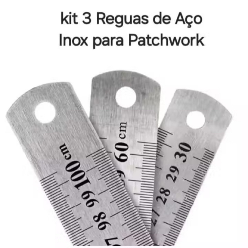 Kit Réguas Inox Aço 30 Cm 60 Cm 1 Metro Scrapbook Patchwork