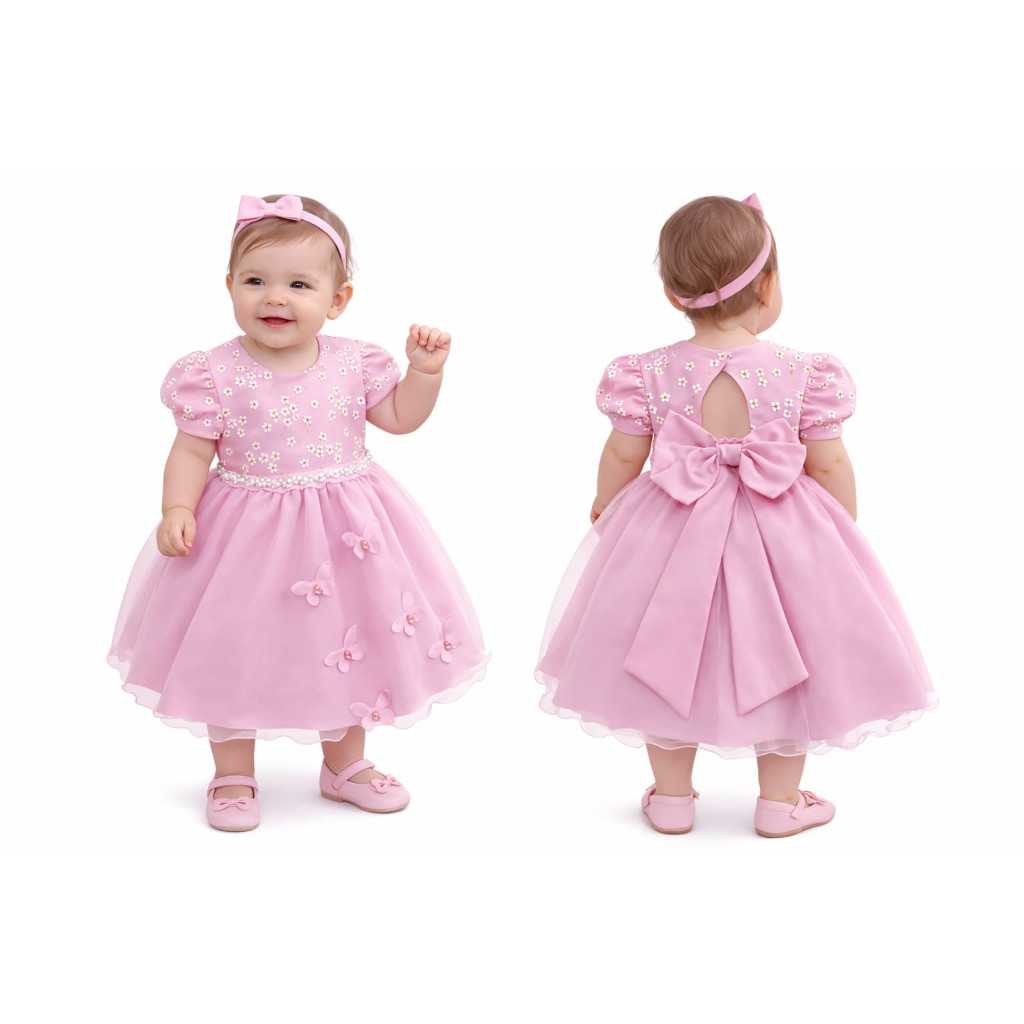 Vestido rosa bebe infantil festa daminha aniversario batizado luxo borboletas 1039 em Oferta na Shopee