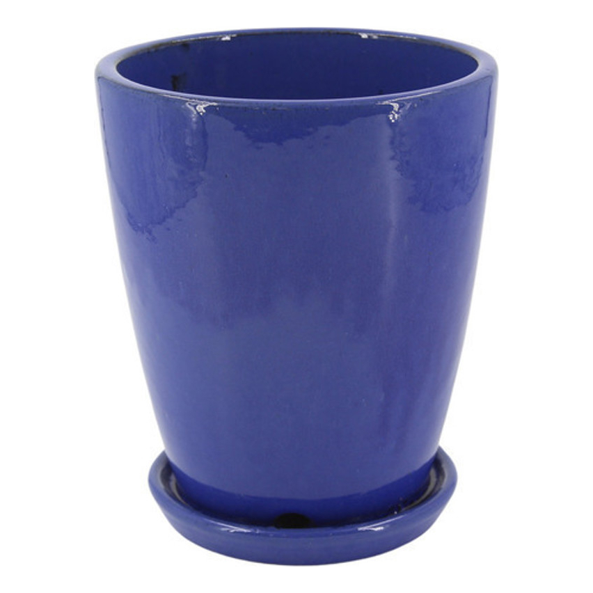 Vaso Estilo Vietnamita Com Prato Dripgreen Cerâmica D21 A26 Azul Lisa