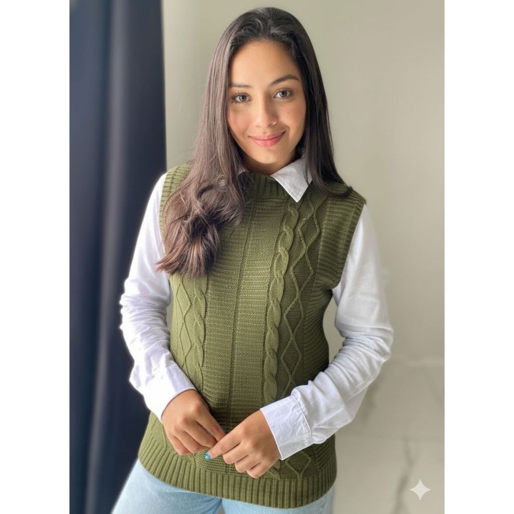 Colete Tricot Trança gola alta sobre posição sueter max colete moda feminina tricô blogueira inverno em Oferta na Shopee