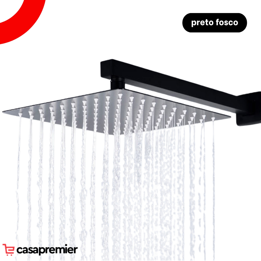 Ducha Chuveiro Fria Quadrada Black Matte 20x20 Braco 40 Cm