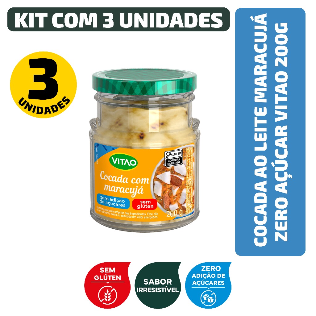 Kit Cocada Ao Leite Maracujá Zero Açúcar Vitao 200G - 3 Unidades em Oferta na Shopee
