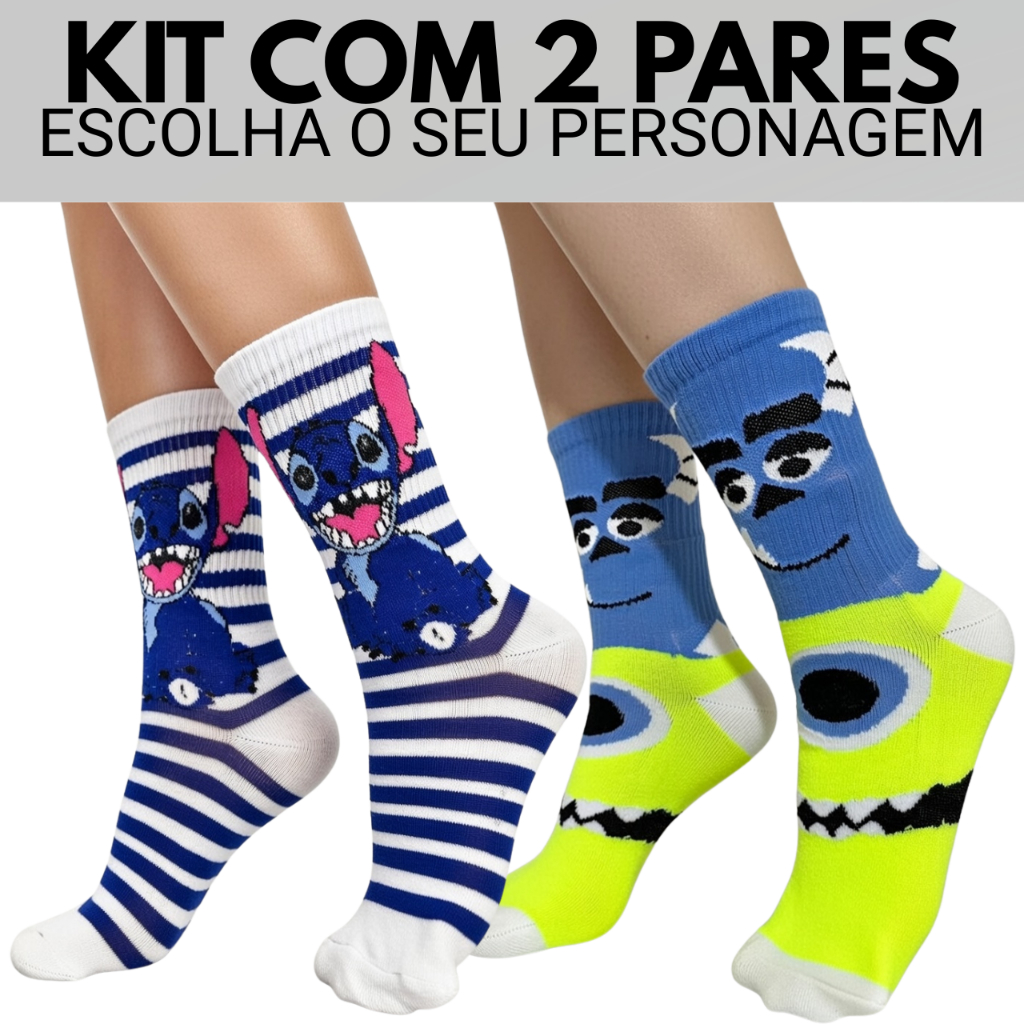 Kit 02 Pares Meias Divertidas Adulto Infantil Jovem Personagens