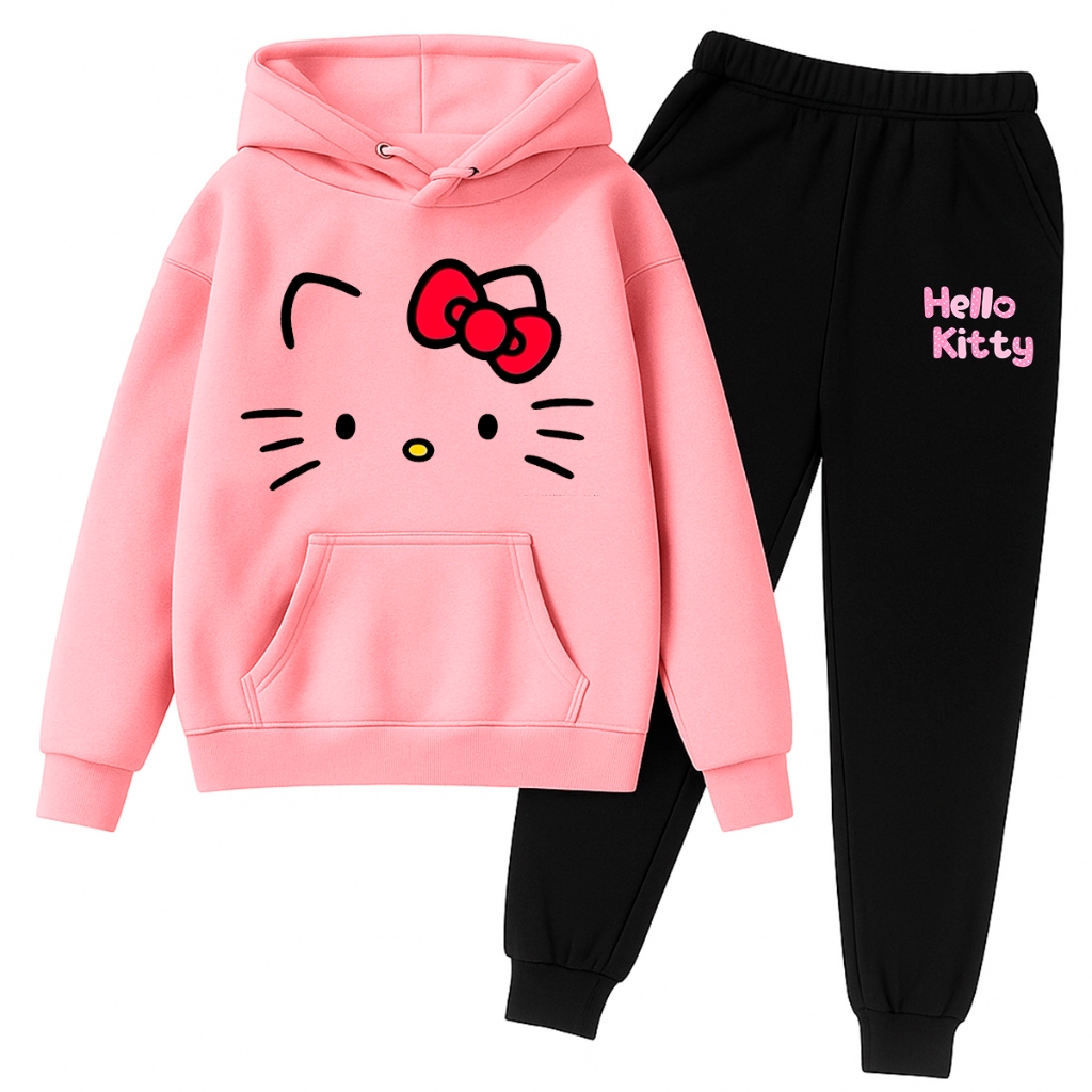Conjunto Moletom Infantil Blusa Canguru e Calça Menina Hello Kitty Desenho Fofo