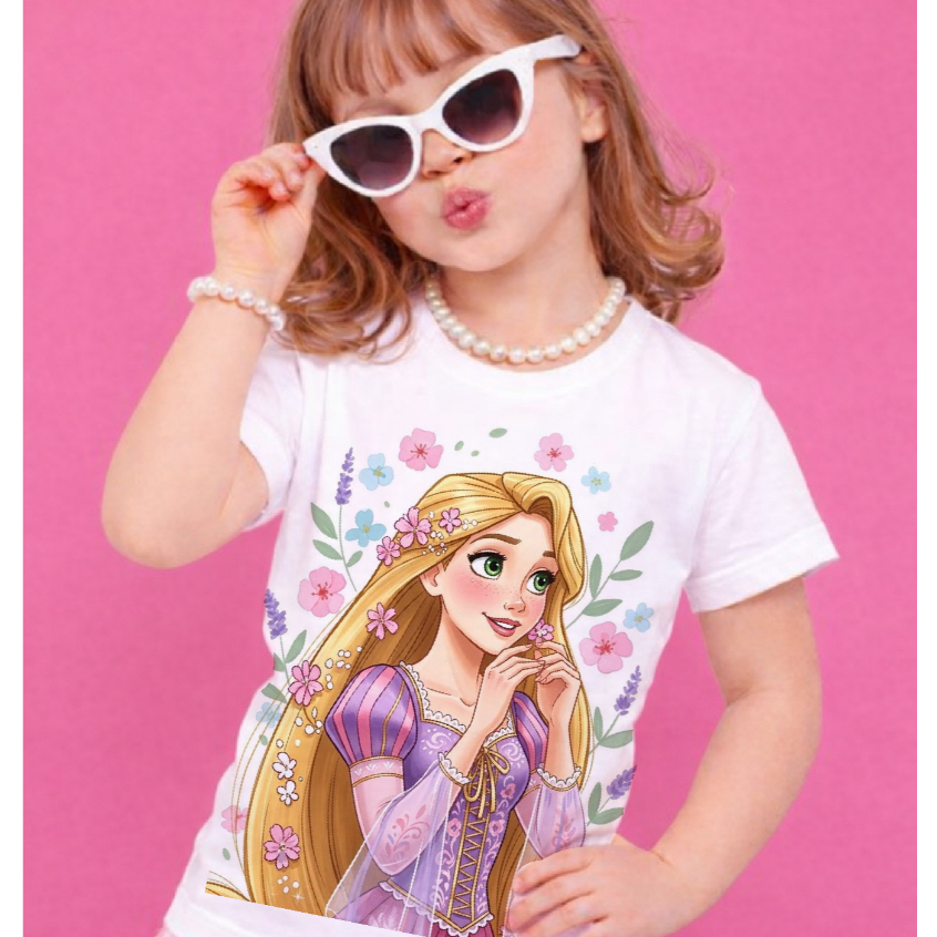 blusa camiseta menina PRINCESAS FLORES, estilo blogueirinha, moda infantil PRICESAS blusinha básica dia a dia escola.