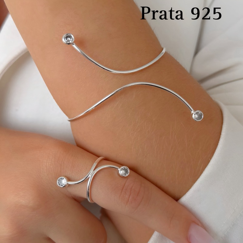 Conjunto Semijóia Dourado Feminino Minimalista com Cristal - Bracelete + Anel  Tendência Elegante