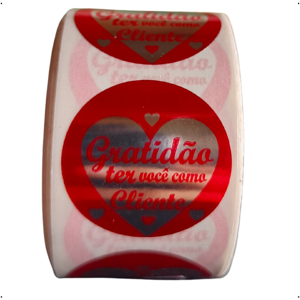 Etiquetas Adesivas "Gratidão Ter Você Como Cliente" VERMELHO/AZUL Metalizado BOPP 30x30mm- MIMOS-