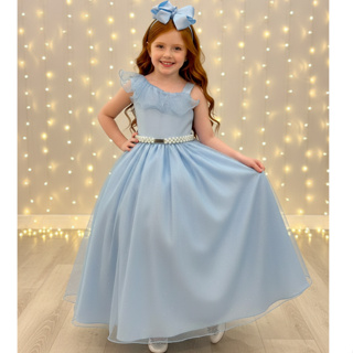 Vestido Infantil Longo Azul Luxo Formaturas Damas Brilho Casamento Babados em Oferta na Shopee
