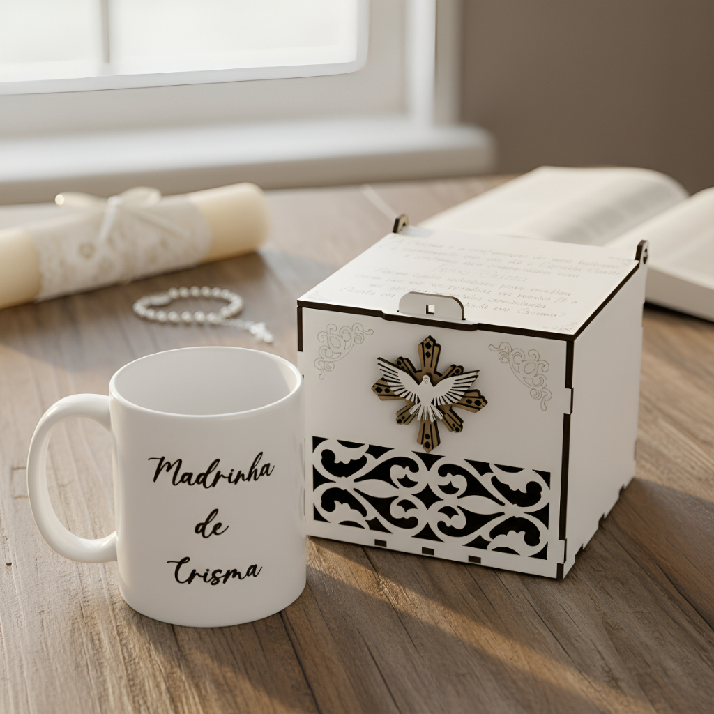 Kit Caneca Convite Padrinhos Batizado com caixa mdf kit padrinho e madrinha lembrancinha crisma