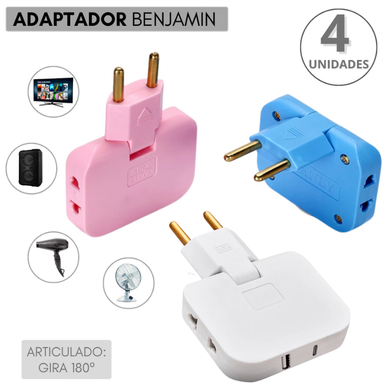Kit 4 Adaptadores Benjamin T Articulado 3 Saídas Com Entrada USB e Tipo C