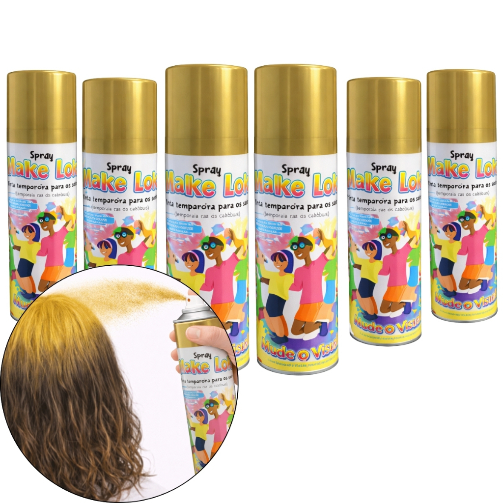 Kit com 6 Spray De Cabelo Tinta Temporária Make+ Carnaval Festa Cor Dourado Ouro