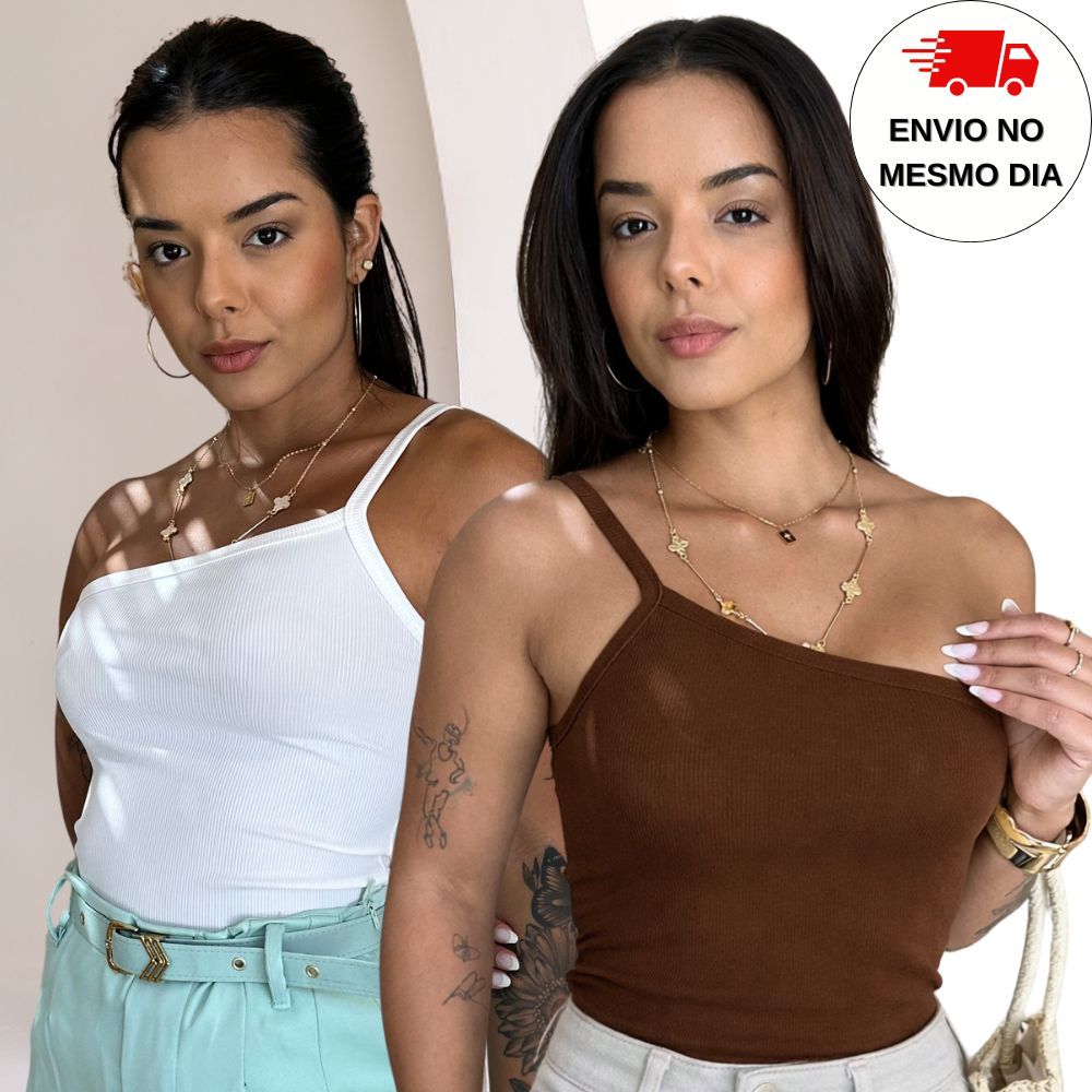 Kit 2 Blusa Básica Ombro Só Feminina Alça Assimétrica Canelada Ribaninha | ENVIO IMEDIATO em Oferta na Shopee