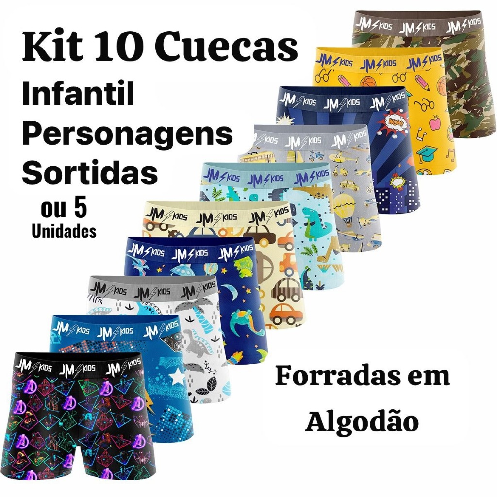 Kit 10 Cuecas Infantil Personagens Com Forro Algodão Crianças em Oferta na Shopee