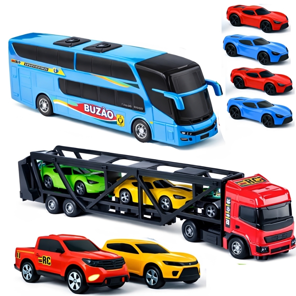 Kit Carrinhos Brinquedo 8 Peças: Caminhão Cegonha + Ônibus + 2 Caminhonetes + 4 Mini Carrinhos em Oferta na Shopee