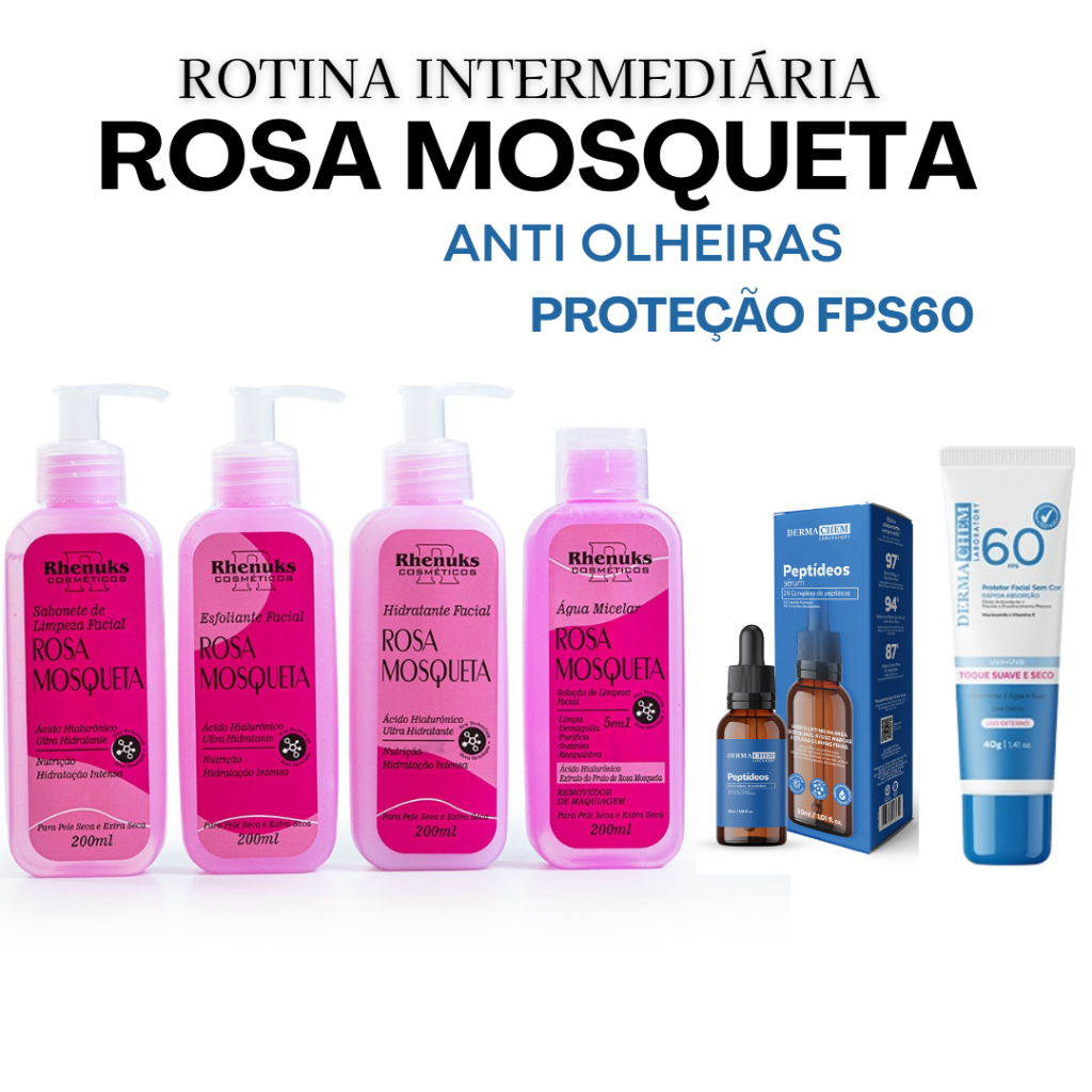 Kit Skincare Rosa Mosqueta Rhenuks+Sérum Peptídeos Efeito Lifiting+Protetor Solar FPS60 Dermachem
