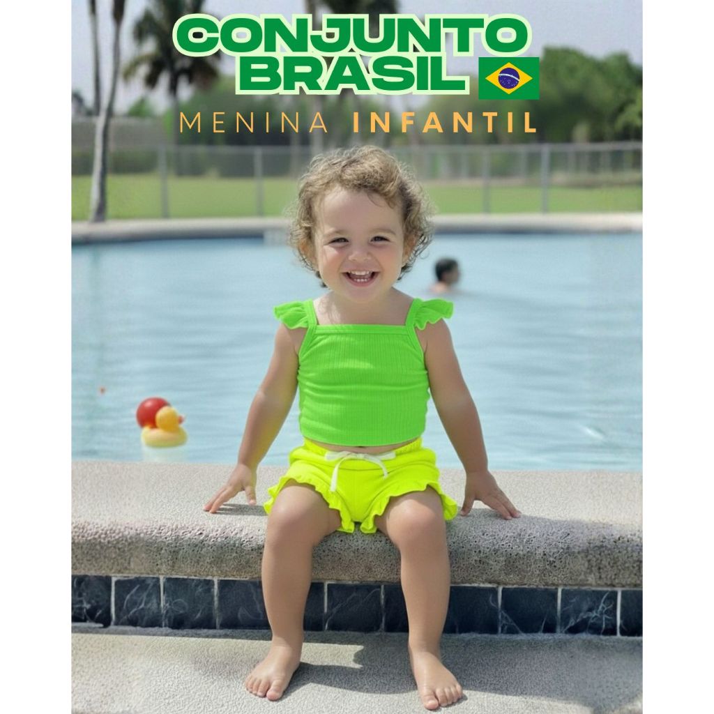 Conjunto Brasil Menina Infantil Regata E Shorts Verde E Amarelo Bebê Praia Piscina Verão Brasil Core