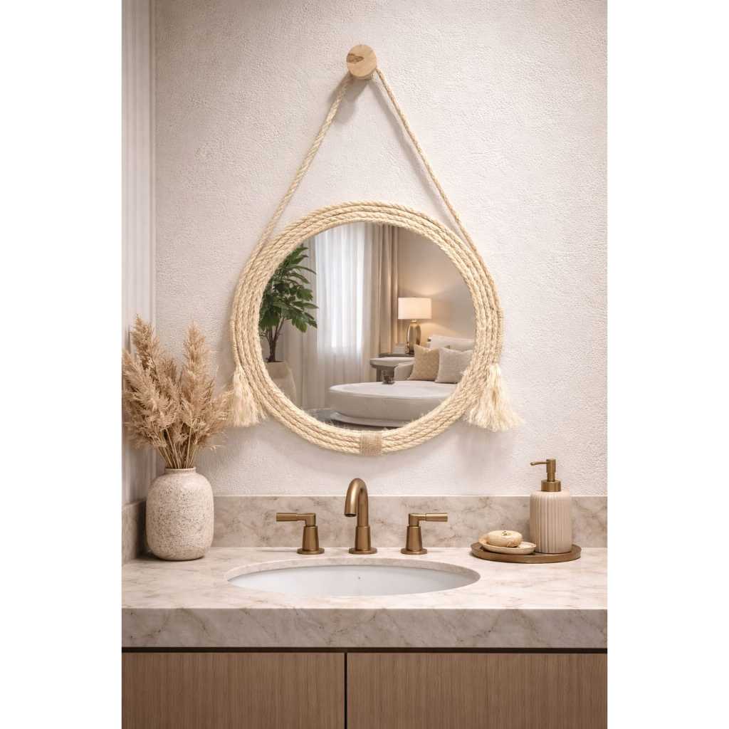 Espelho Adnet Vidro Vários Tamanho 30cm, 40cm, 50cm e 60cm, com Moldura em Corda em Oferta na Shopee
