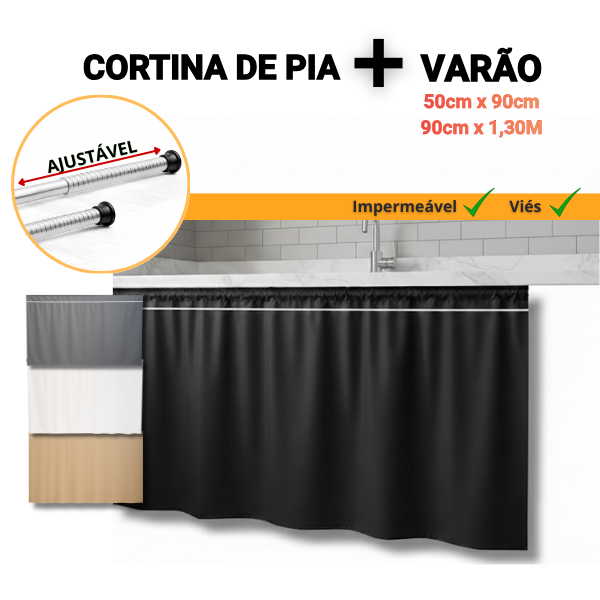 Kit 1 Cortina de Pia PVC + 1 Suporte Extensível Varal 50cm x 90cm / 90cm x 130cm Ajustável Cozinha em Oferta na Shopee