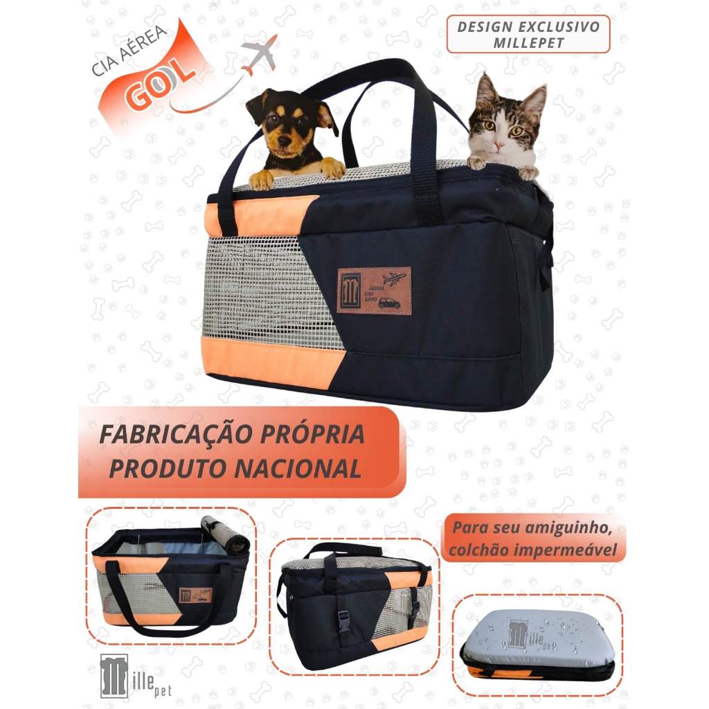 Bolsa Transporte  e Cadeirinha Pet Aerial And Land Gato Cães CIA GOL Preto com Laranja MillePet