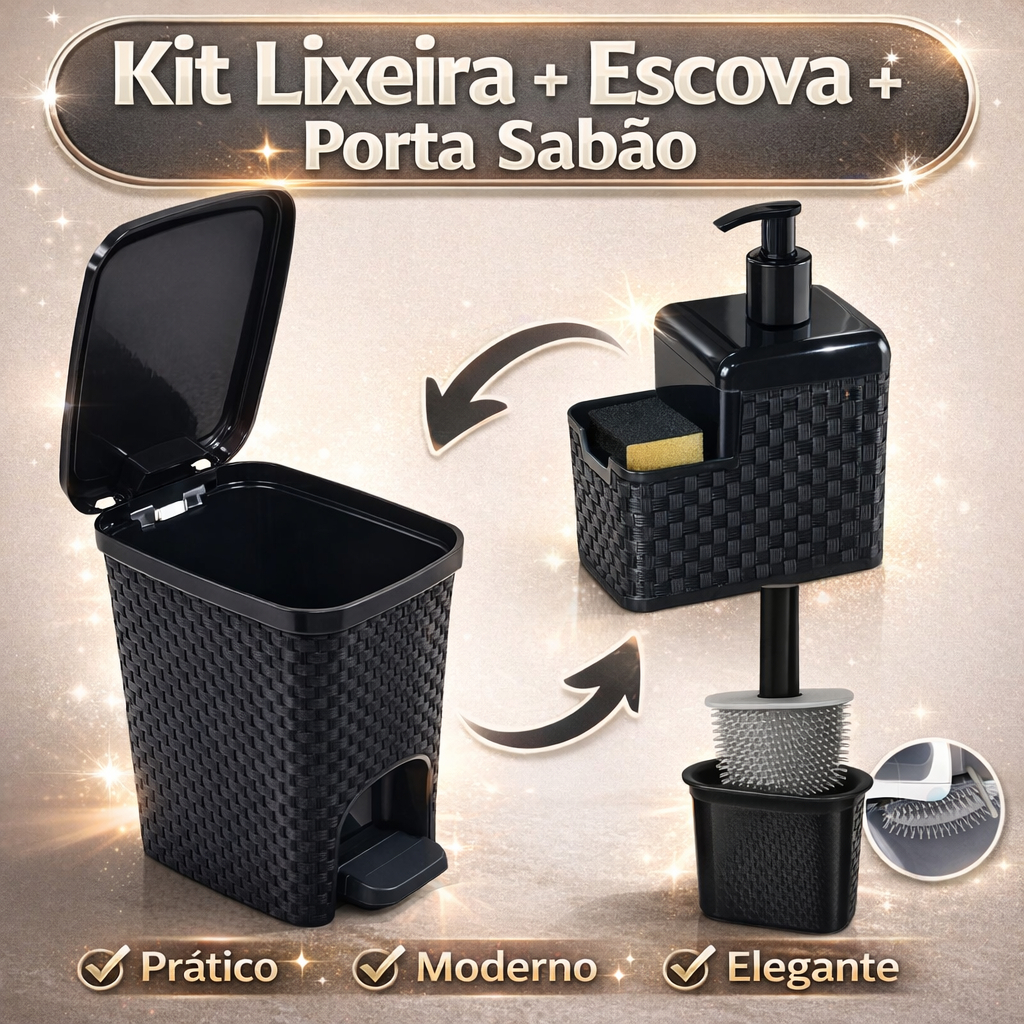 Kit Lixeira 7 Litros Rattan Pedal + Porta Detergente + Escova Sanitária – Sofisticação e Praticidade para seu Banheiro em Oferta na Shopee