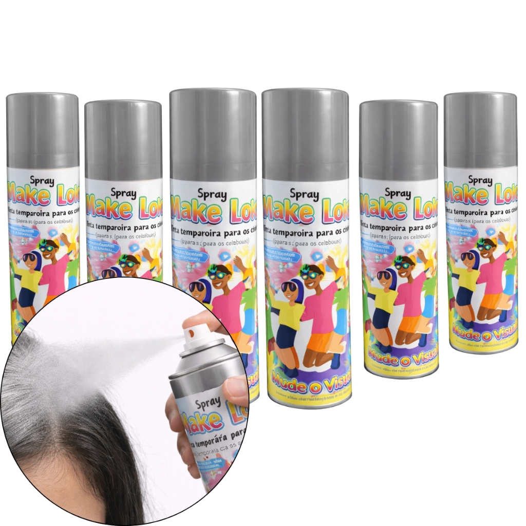 Spray De Cabelo Kit 6 Unidades Tinta Temporária Make+ Festa Prateado Prata