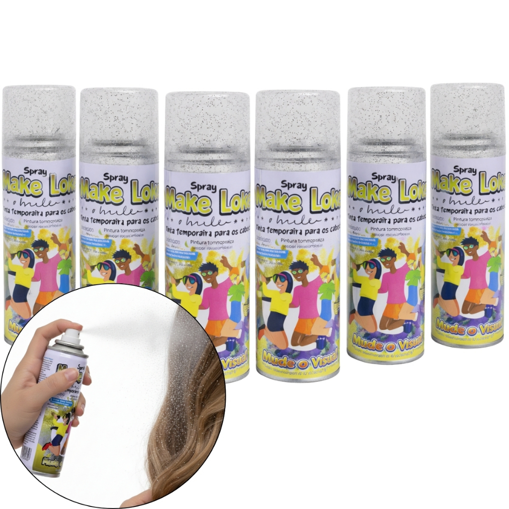 Kit 6 unidades Spray De Cabelo Tinta Temporária Glitter Make+ Festa Brilho Prateado
