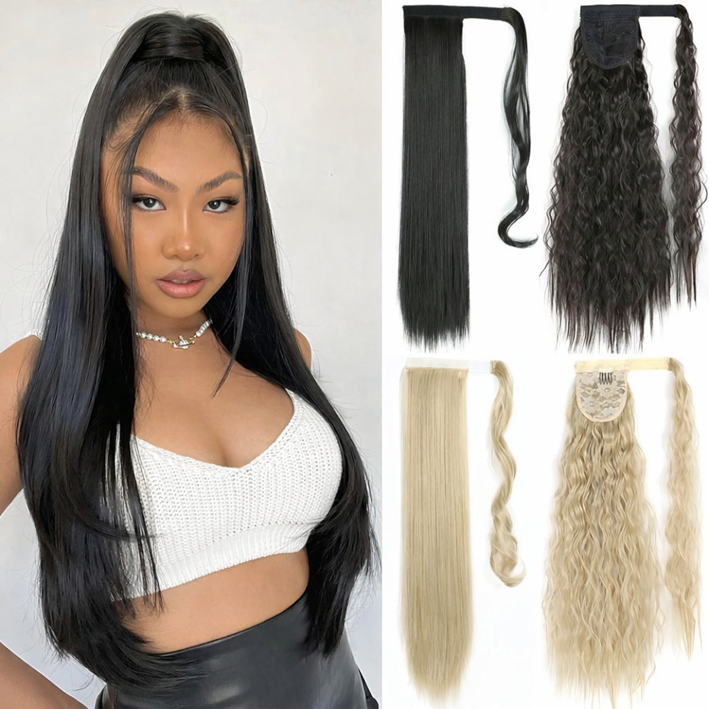 Aplique Rabo de Cavalo Fita de Amarrar Velcro Cabelo Extensão 70cm Bio Fibra Liso Ondulado Encaracolado