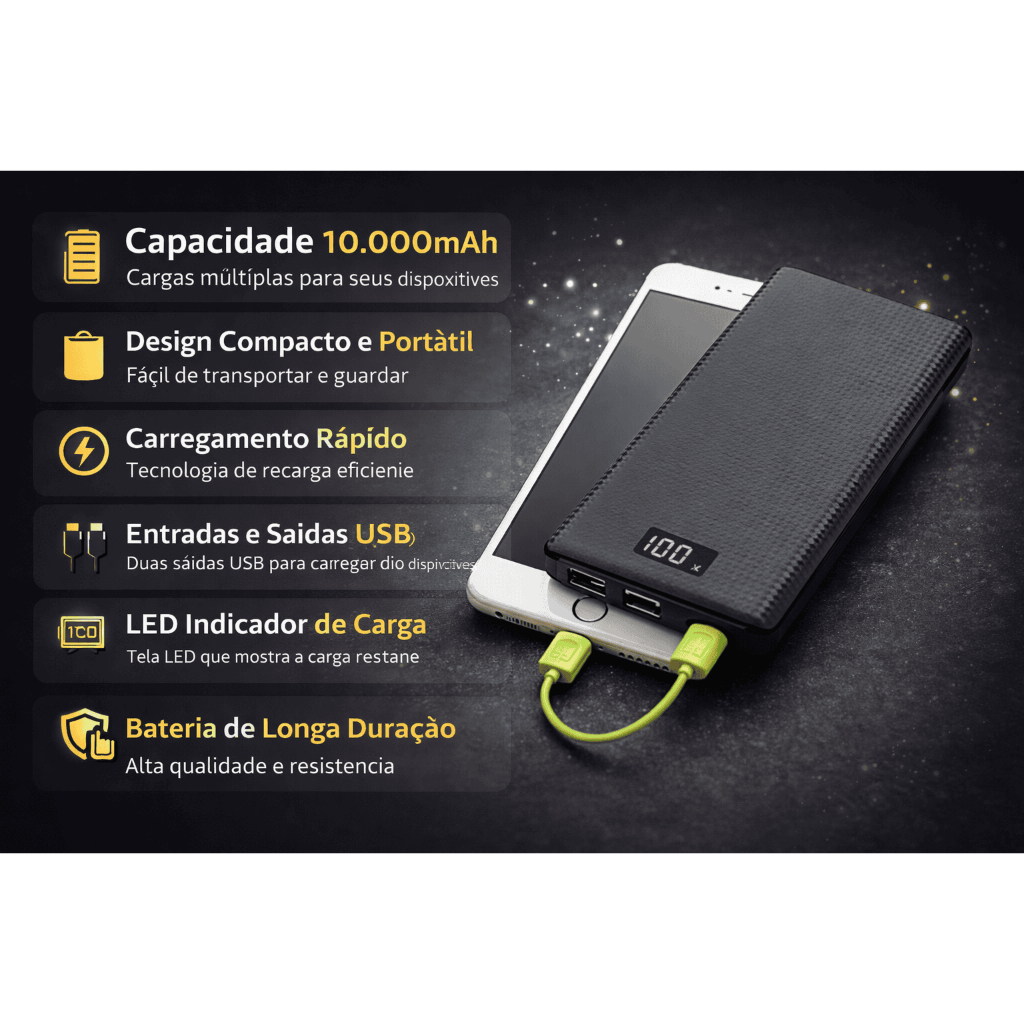 Carregador Portátil Power Bank 10000mAh/ 20000mAh Carregamento Portatil Compacto USB Iphoe ou Tipo C