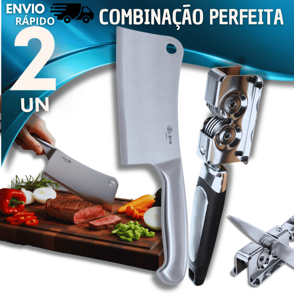 PROMO 2 Peças -1 Cutelo 6" Aço Inox Profissional + 1 Afiador de Facas Tesoura Churrasco Carne Facas Machadinha