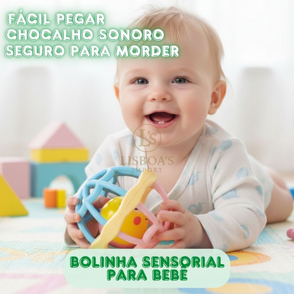 Brinquedo Bolinha Chocalho Sensorial Para Bebê, Em Silicone Macio, Ideal como Mordedor. Estimula os Sentidos e é Seguro