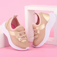 Tênis Infantil T005 Feminino Dourado com Glitter Solado Alto Confortável Antiderrapante Casual Leve Moda Menina Brilho