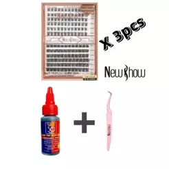 New Show Kit Cílios Postiços Festa 3Caixas 9-14mm D Curl + Cola Forte + Pinças profissionais OLHOS AMPLOS
