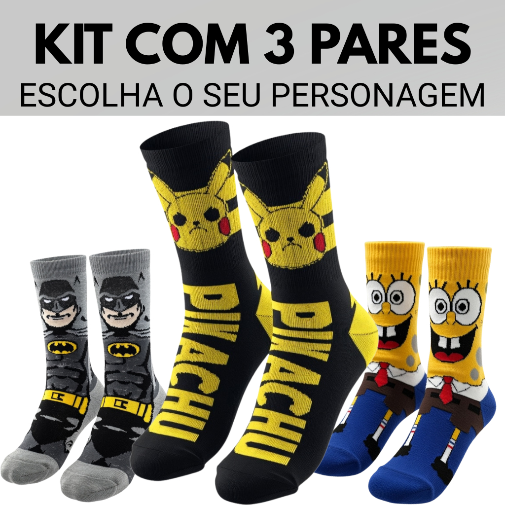 Kit 3 Pares Meia Estilosa Personagem | Meia Geek Cano Alto Algodão Menino