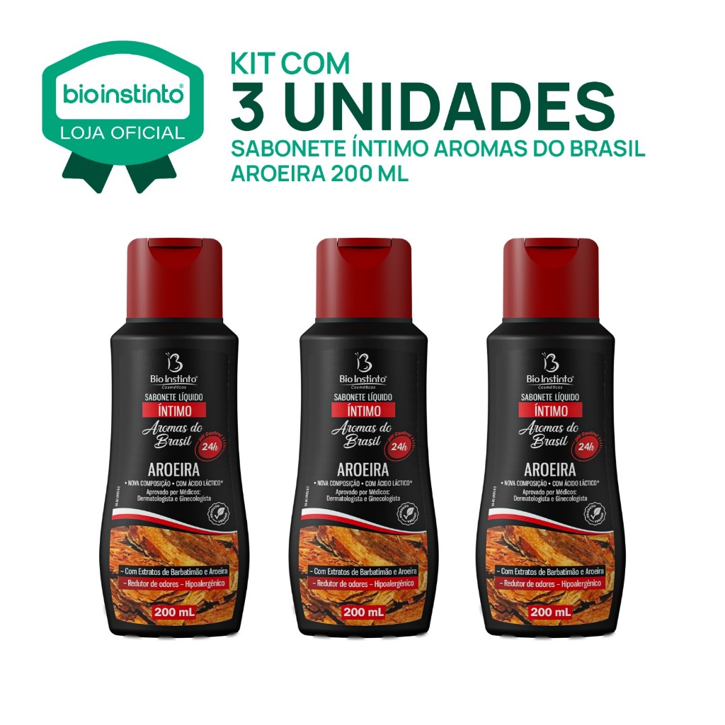 03 UN SABONETE AROEIRA 200ml Líquido Íntimo Bio Instinto Feminino Aromas do Brasil Frescor Limpeza