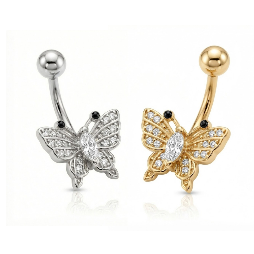 Piercing Umbigo Borboleta Cravejado Zircônia Dourado Prata Acessórios Femininos Anti Alérgico