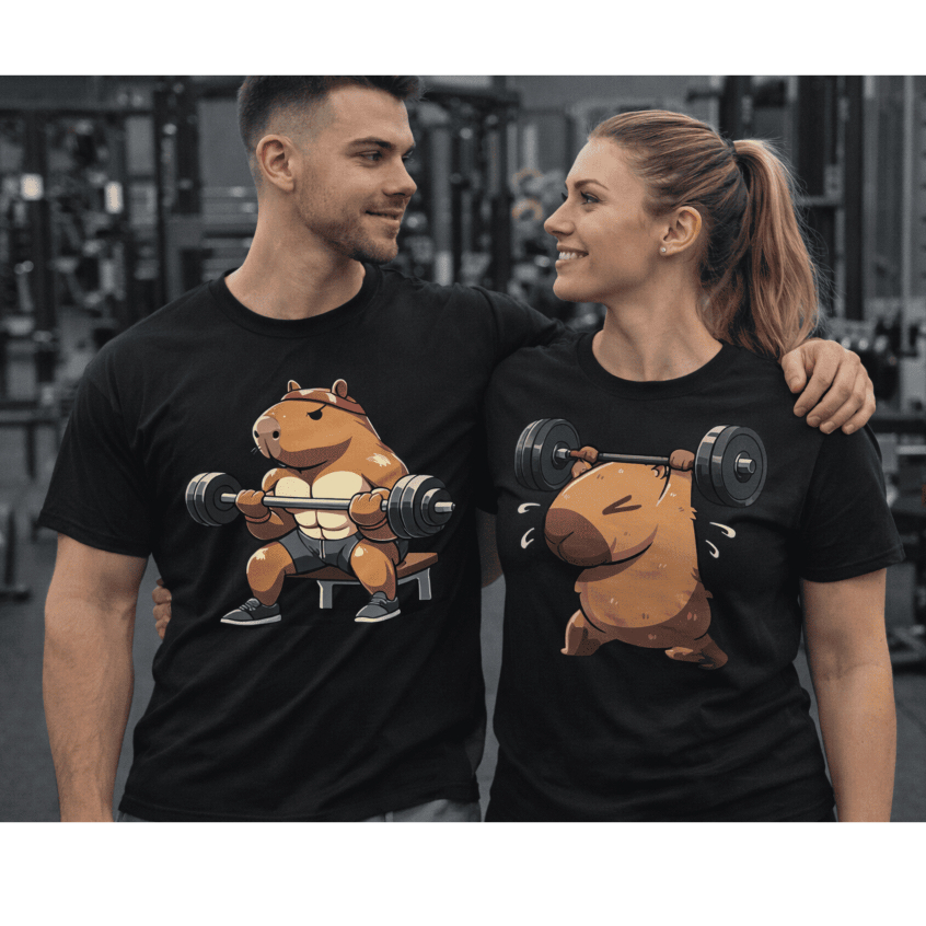 Kit Casal Academia Cabybara Conjunto Blusa Estilosa Capivara T-Shirt 100% Algodão