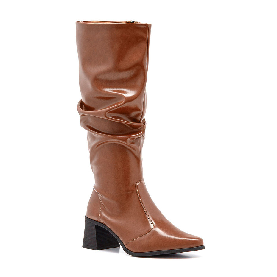 Bota Feminina Slouchy Cano Alto Stretch Salto Médio Confortável Bico Fino Enrugada Moda Inverno