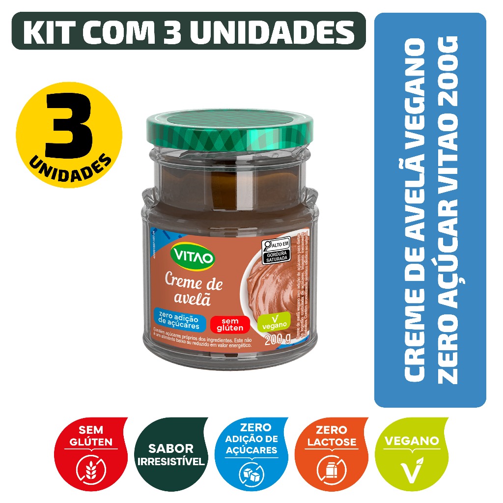 Kit Creme De Avelã Vegano Zero Açúcar Vitao 200G - 3 Unidades em Oferta na Shopee