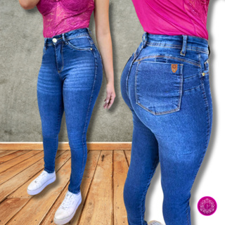 Calça Jeans Feminina Skinny Bigode com USD Elastano Cintura Alta Efeito Levanta Bumbum em Oferta na Shopee