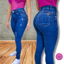 Calça Feminina Skinny Puido Elastano Cintura Alta Efeito Levanta Bumbum