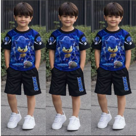 Kit Conjunto Infantil menino Sonic Camiseta e Bermuda Roupa Temática carnaval e verão Mauricinho