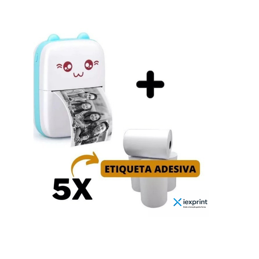 Mini Impressora Térmica Portátil + 5 Rolos Adesivos