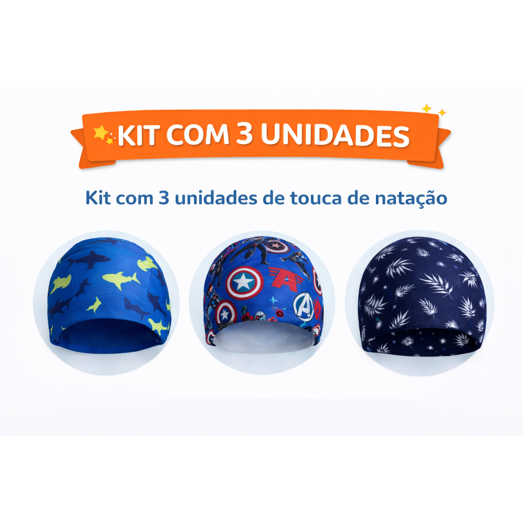 kit 3 Touca de Natação para Criança em Lycra Confortável Unissex