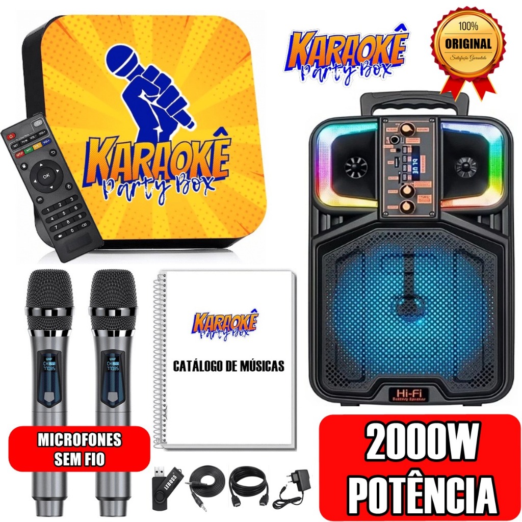 Karaoke Party Box Profissional +2 Mic Sem Fio +Caixa De Som +2000 Músicas +CatálogoImpresso ORIGINAL