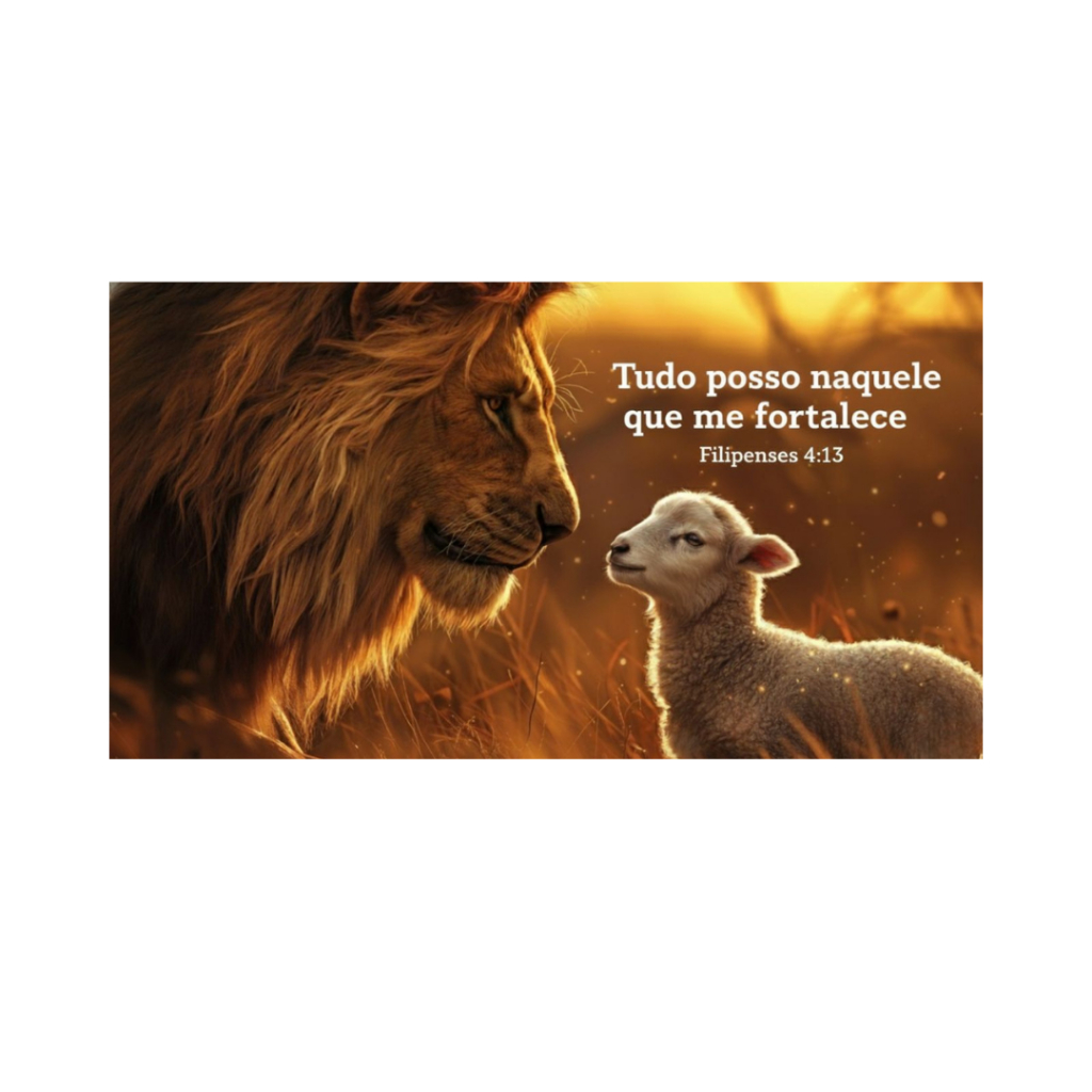 Quadro Decorativo Leão e Cordeiro com Versículo Bíblico Tudo posso naquele que me fortalece Arte Cristã para Sala Quarto