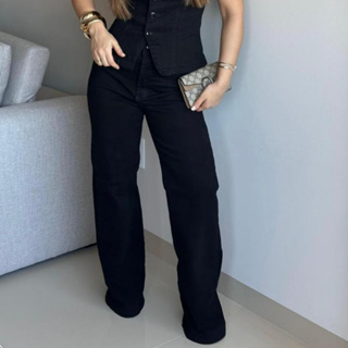 Calça Wide Leg Feminina Cintura Alta Jeans Pantalona Preta Premium Com Elastano em Oferta na Shopee