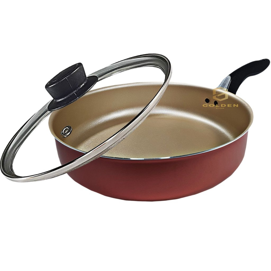 Frigideira 18 cm Alta Antiaderente Teflon com Tampa de Vidro + Espátula Nylon Cor Cereja