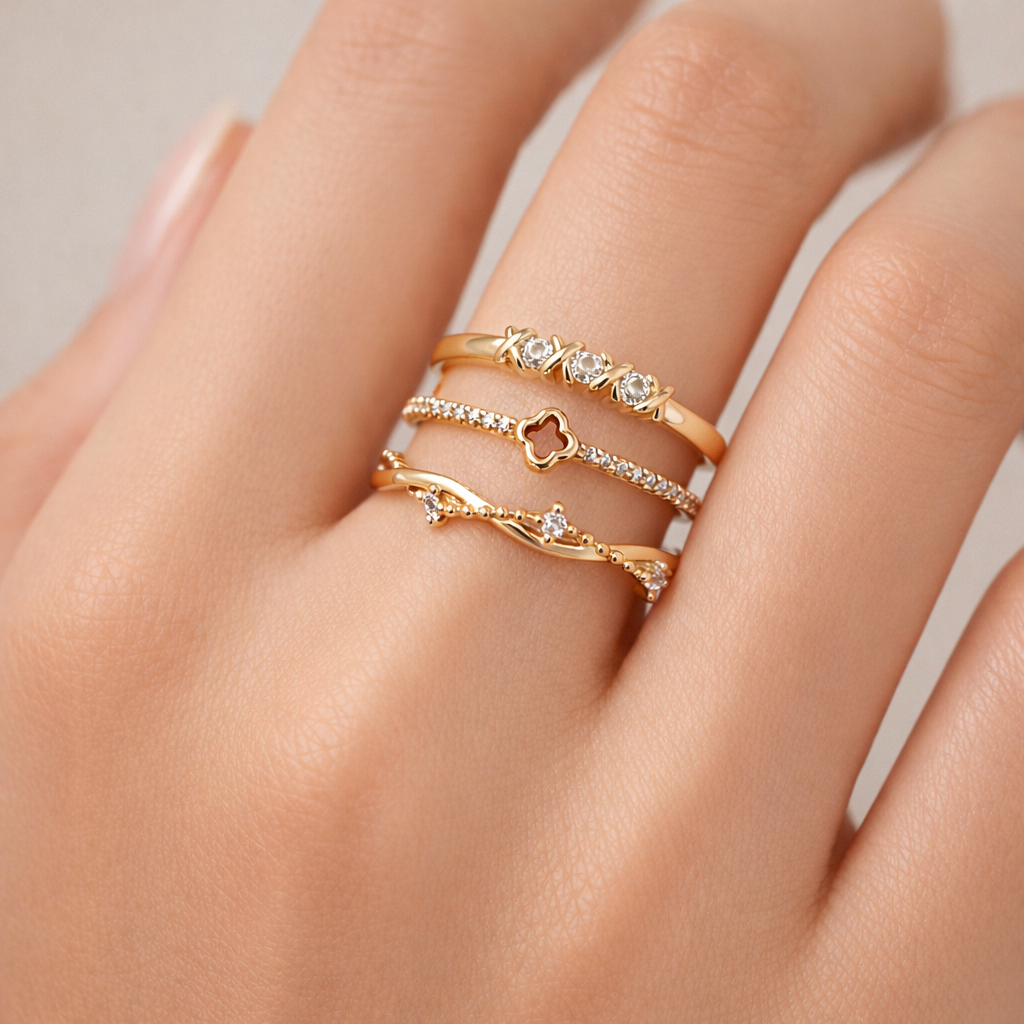 kit 3 anéis Feminino delicado com Zircônias Brilhantes Elegante em banhado a ouro 18k a Prata 925