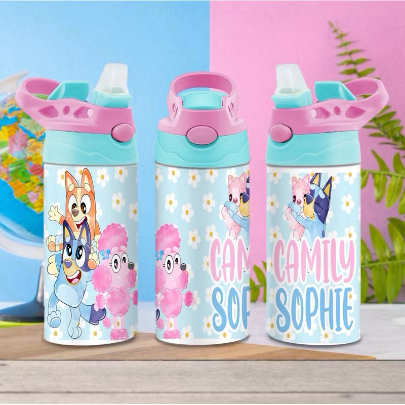 Kit com 16 Garrafa Squeeze de alumínio personalizado com seu nome - volta as aulas Bluey e Bingo