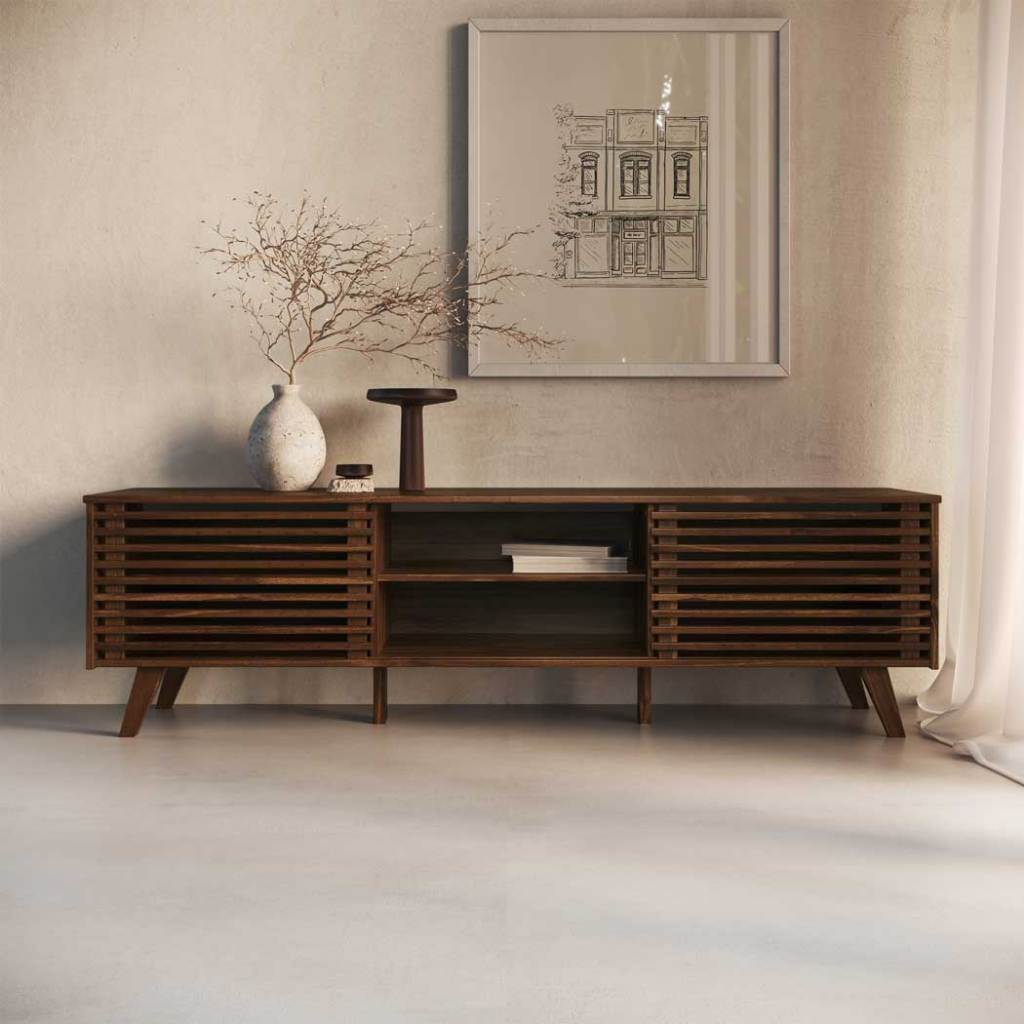 Rack Para Sala TV 75 Ripado Portas Deslizantes 175 cm Madeira Cor Imbuia Rian em Oferta na Shopee